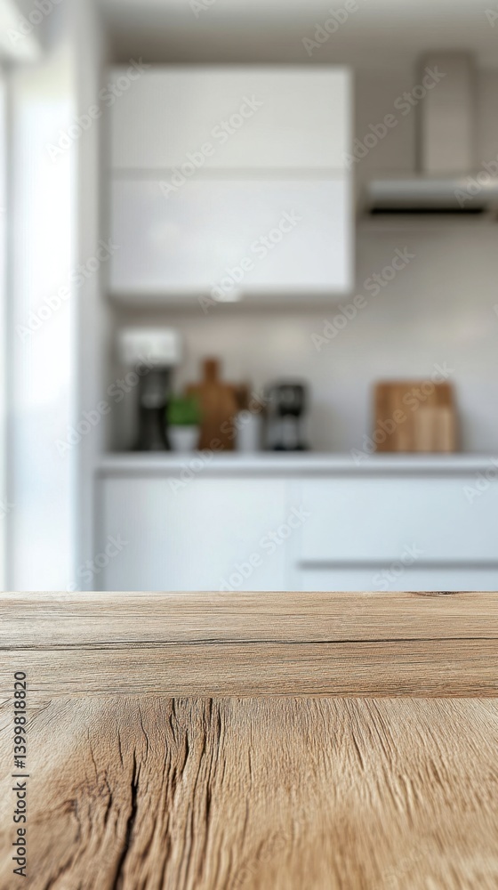Poster rustic wooden tabletop in a bright modern kitchen with blurred background creating a warm inviting a