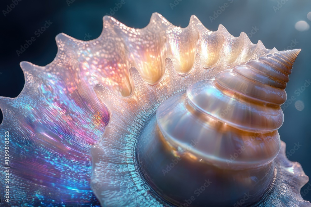 Poster an iridescent seashell with intricate details, showcasing vibrant colors and a mesmerizing texture.