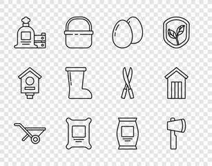 Set line Wheelbarrow, Wooden axe, Chicken egg, Fertilizer bag, Full sack and wooden box, Waterproof rubber boot, and outdoor toilet icon. Vector