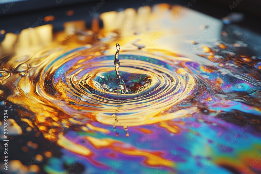 Poster a water droplet creates vibrant, iridescent rings on an oily surface, displaying a mesmerizing spect