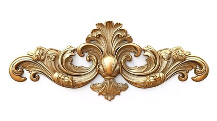 A horizontally symmetrical Baroque-style golden decorative pattern with intricate scrollwork, floral motifs, and an iris-shaped centerpiece against a stark white background