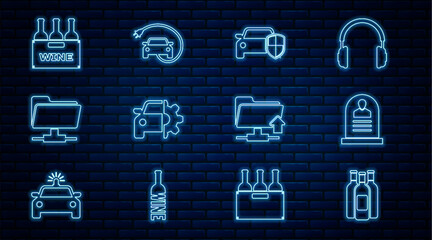 Set line Bottles of wine, Tombstone with RIP written, Car protection or insurance, service, FTP folder, box, upload and Electric car icon. Vector