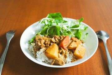 Homemade curry rice chicken stew japanese style serve with healthy green salad