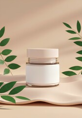 Cosmetic jar with white cream lies on beige fabric with green leaves
