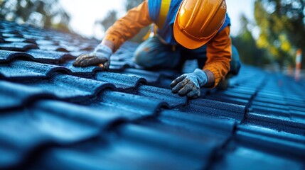 Construction worker installing roof tiles on house at sunset