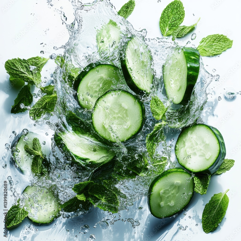 Poster refreshing cucumber and mint water splash on a bright background enhancing summer vibes