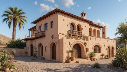 Obraz premium Elegant estate with warm stucco exterior, arched doorways, tiled roof, and lush landscaping evokes a sense of timeless Mediterranean charm.