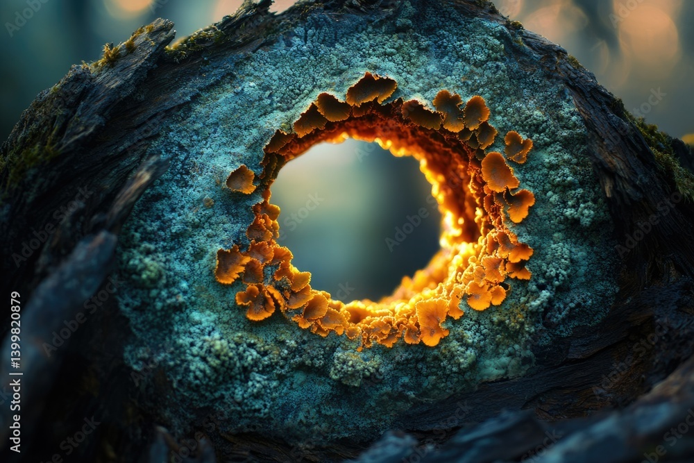 Poster sunlit orange fungi illuminate a circular hole in a moss-covered, dark log.