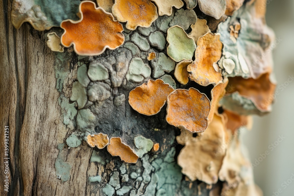 Poster close-up of colorful lichen patterns growing on a tree bark, showcasing diverse textures and hues.