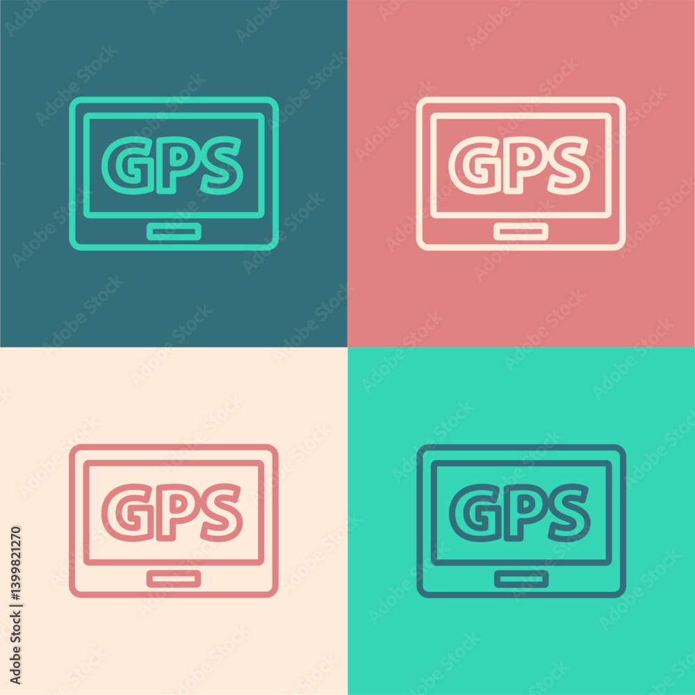 Poster pop art line gps device with map icon isolated on color background. vector illustration