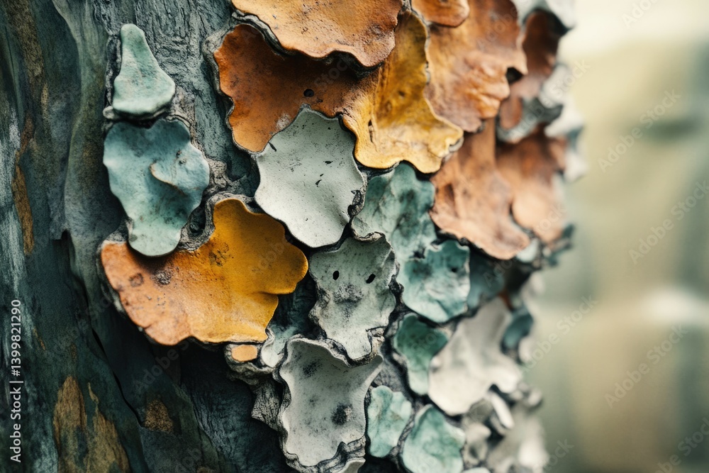 Aufkleber close-up of tree bark with colorful, textured, peeling layers creating an abstract pattern.