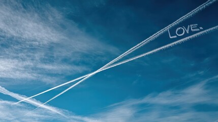 Blue sky with a plane tracing the word &ldquo;LOVE&rdquo; in vapor trails, creating a romantic and tranquil aerial message.