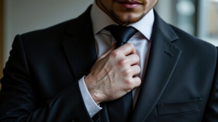 Man in Elegant Suit Adjusting Tie in a Modern Office Setting