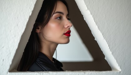 A striking profile of a woman with luscious red lips is beautifully framed by a triangular cutout in a textured wall. This captivating image highlights her graceful features and exudes an air of