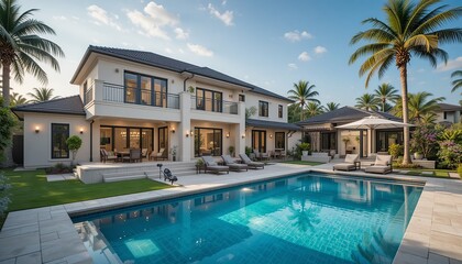 Luxury home with a stunning pool, outdoor dining, and lounging areas under palm trees, perfect for entertaining in a tranquil tropical paradise.