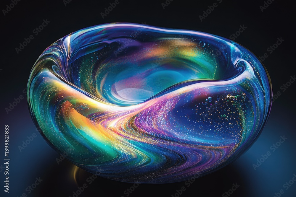 Poster an iridescent, abstract glass sculpture resembling a cosmic nebula, swirling with vibrant colors and
