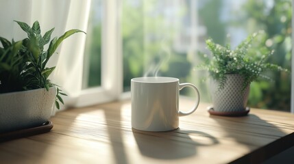 Serene Morning Still Life White Mug Steaming on Wooden Tabletop Sunlight Streaming Through Window Plants