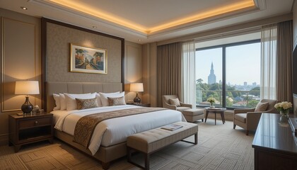 Opulent hotel room with city views, offering a luxurious retreat. Comfortable furnishings complement the stunning panorama outside.
