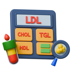 Calculated LDL cholesterol concept using Friedewald Equation with calculator showing button labelled cholesterol, triglyceride and HDL. Surrounded by test tube, fat particles on magnifying glass.