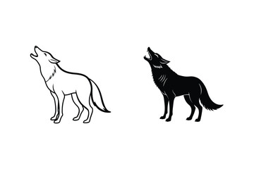 Two Wolves Howling Outline And Silhouette Wild Animal Vector Illustration