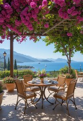 Fototapeta premium Scenic outdoor dining area overlooking the ocean, shaded by blooming flowers. A tranquil setting for a perfect meal.