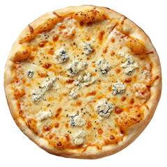 Four cheese pizza with a golden crust, melted mozzarella, gorgonzola, parmesan, and provolone, isolated on transparent background.