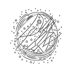 Celestial Mountainscape in Geometric Round Outline