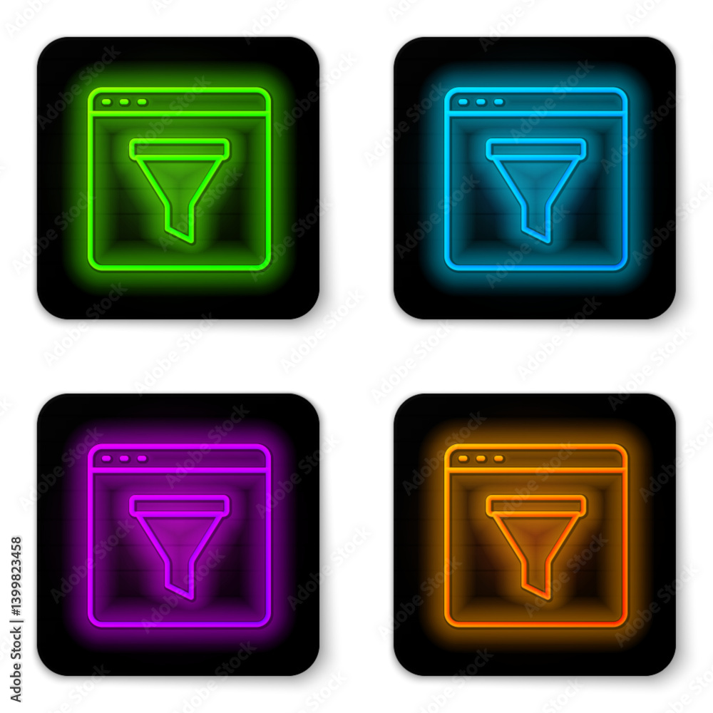 Aufkleber glowing neon line browser window icon isolated on white background. black square button. vector