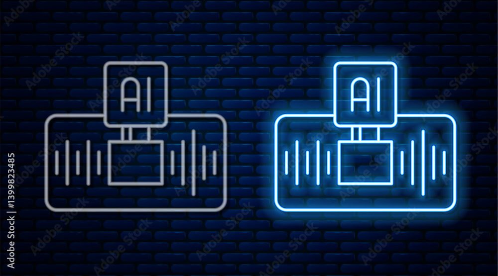 Poster glowing neon line artificial intelligence ai icon isolated on brick wall background. machine learnin