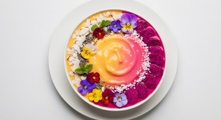 top view pretty mango and dragon fruit smoothie bowl isolated on white background.