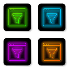 Glowing neon line Browser window icon isolated on white background. Black square button. Vector