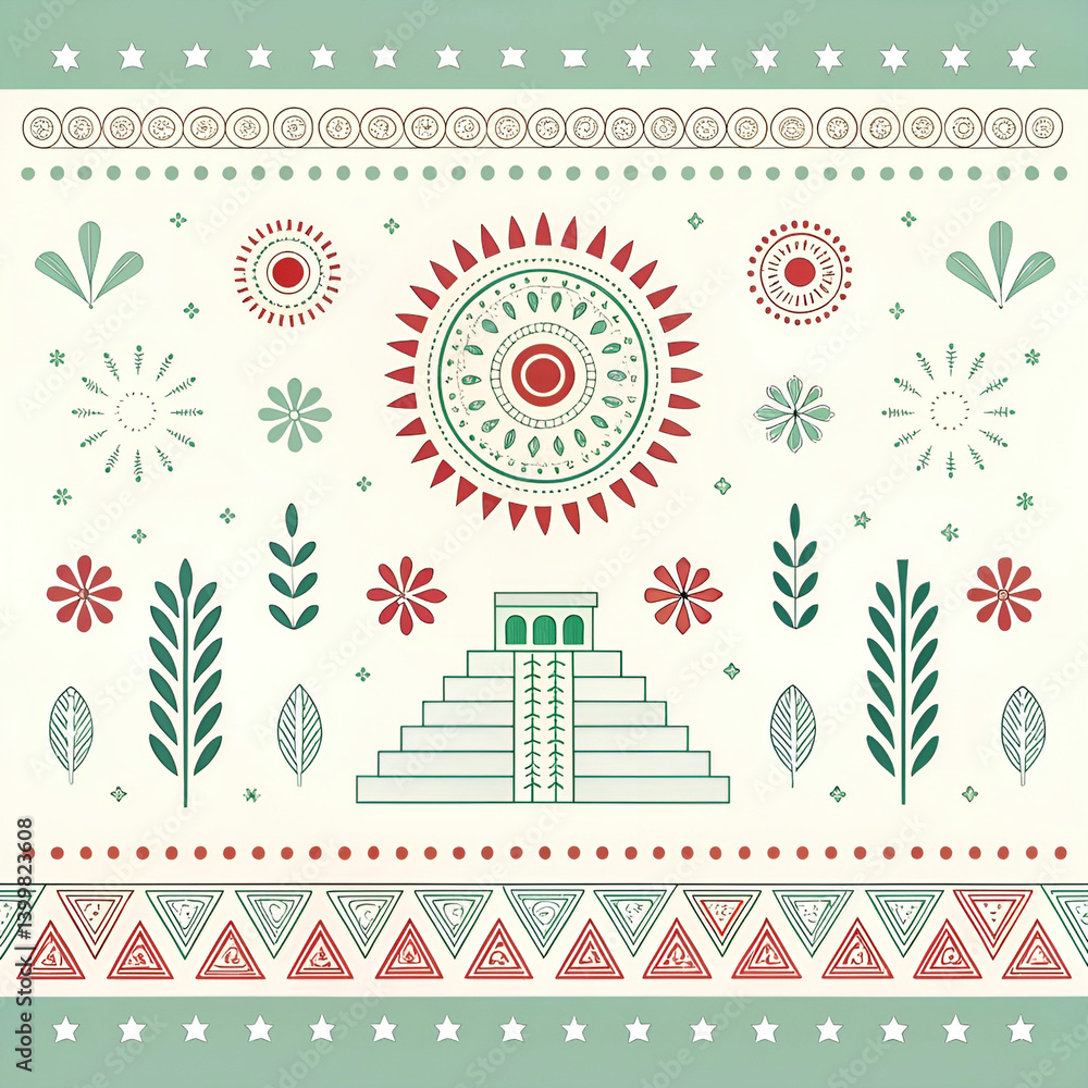 Poster a clean, modern interpretation of aztec patterns featuring geometric shapes, bold lines, and subtle 