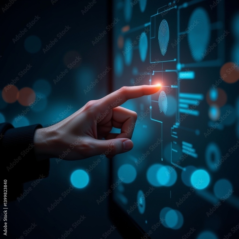 Poster hand touching digital interface with fingerprint recognition technology concept
