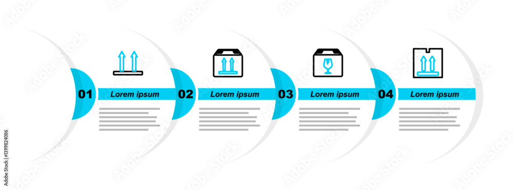 Poster set line cardboard box with traffic, delivery fragile content, and this side up icon. vector