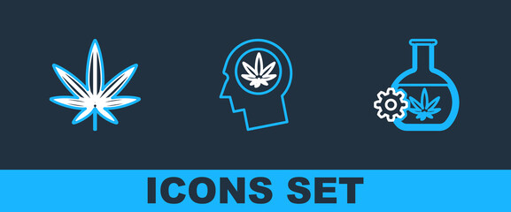 Set line Test tube with marijuana, Marijuana or cannabis leaf and Head in profile icon. Vector