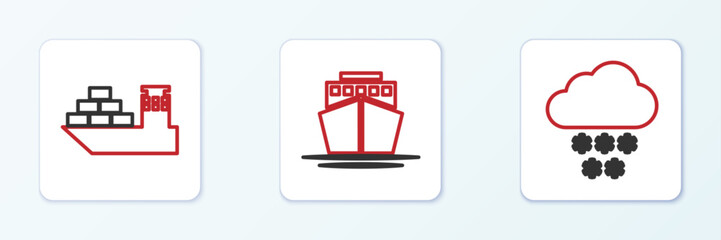 Set line Cloud with snow, Cargo ship and Ship icon. Vector