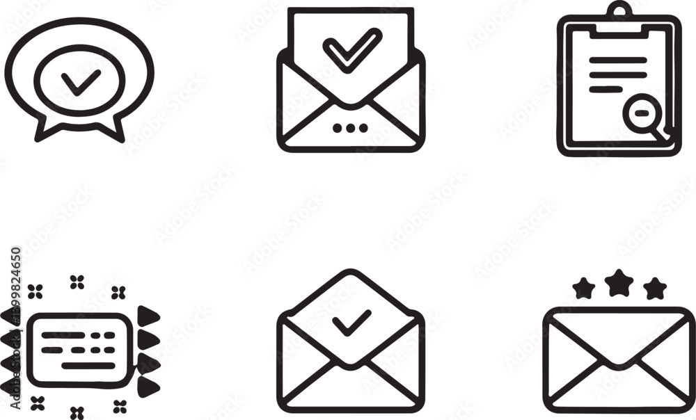 Poster set of 6 outline icons related to message or chat box. linear icon collection. editable stroke line 