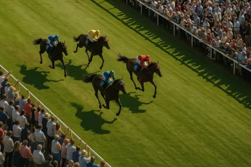 Selbstklebende Fototapeten Four jockeys racing fast across bright green turf, passionate crowd cheering from stands. Intense competition. Kentucky Derby, horse race, competition event, sport © master1305