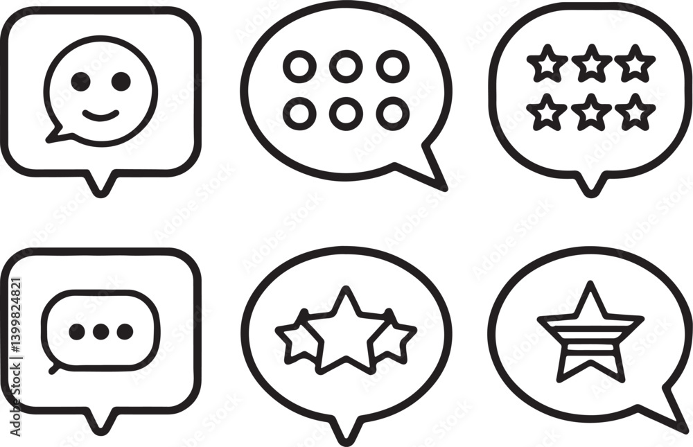 Poster set of 6 outline icons related to speech bubble. linear icon collection. editable stroke line art. v