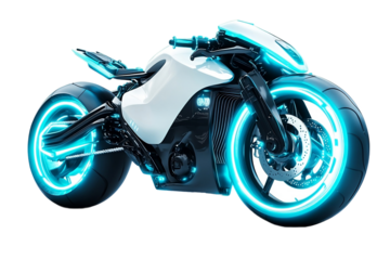 Electric motorcycle with glowing wheels, high-tech futuristic vehicle On PNG Background
