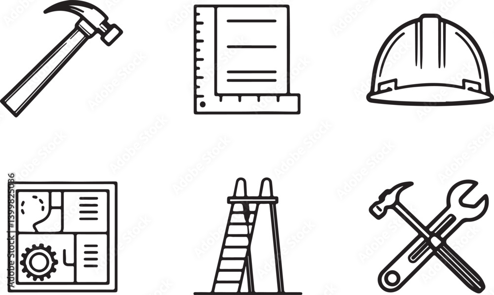 Poster set of 6 outline icons related to construction of labor elements. linear icon collection. editable s