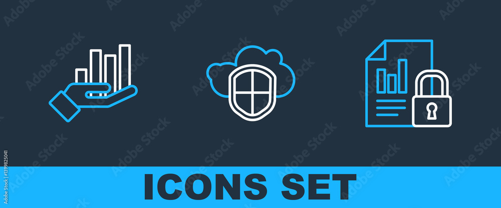 Poster set line document and lock, pie chart infographic and cloud shield icon. vector