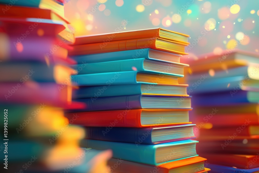 Poster Stacks of colorful books illuminated by warm, magical light, evoking a sense of wonder and knowledge.
