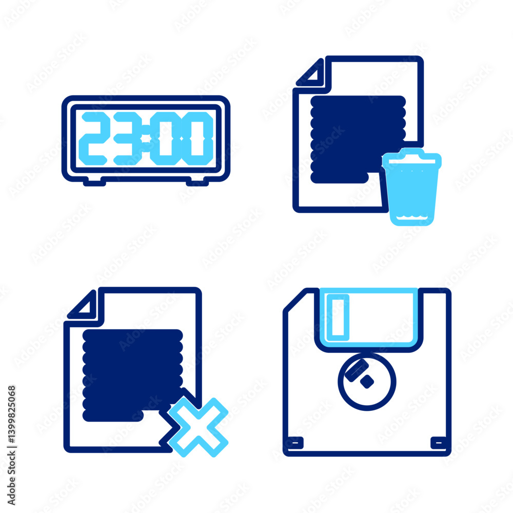 Poster set line floppy disk, delete file document, and digital alarm clock icon. vector