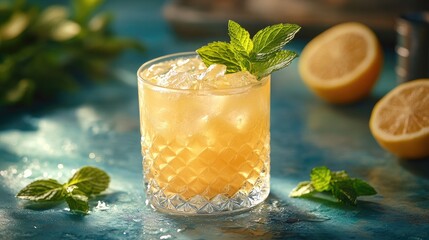 Fototapeta premium Refreshing iced cocktail garnished with mint and lemon