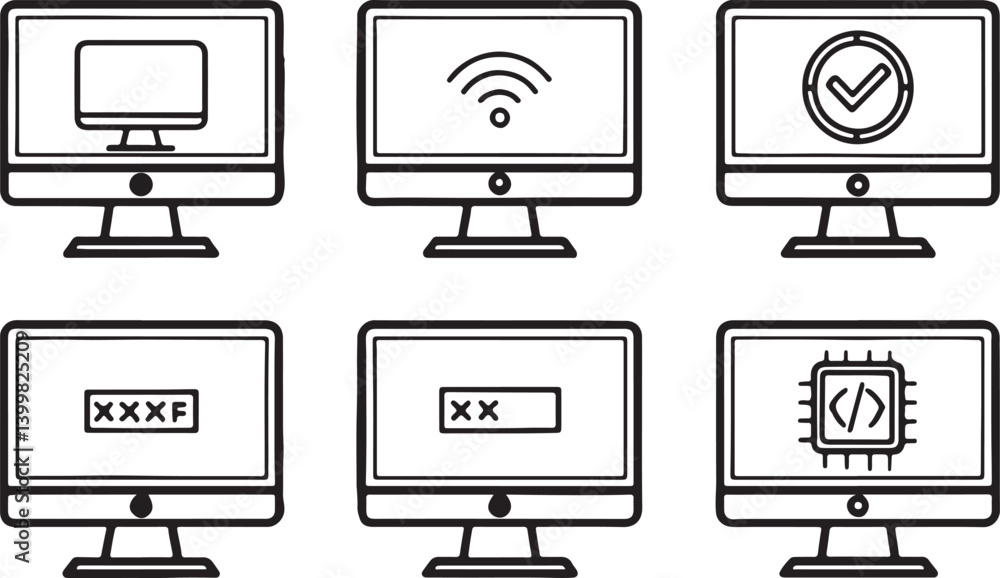 Poster set of 6 outline icons related to technology of monitor and screen. linear icon collection. editable