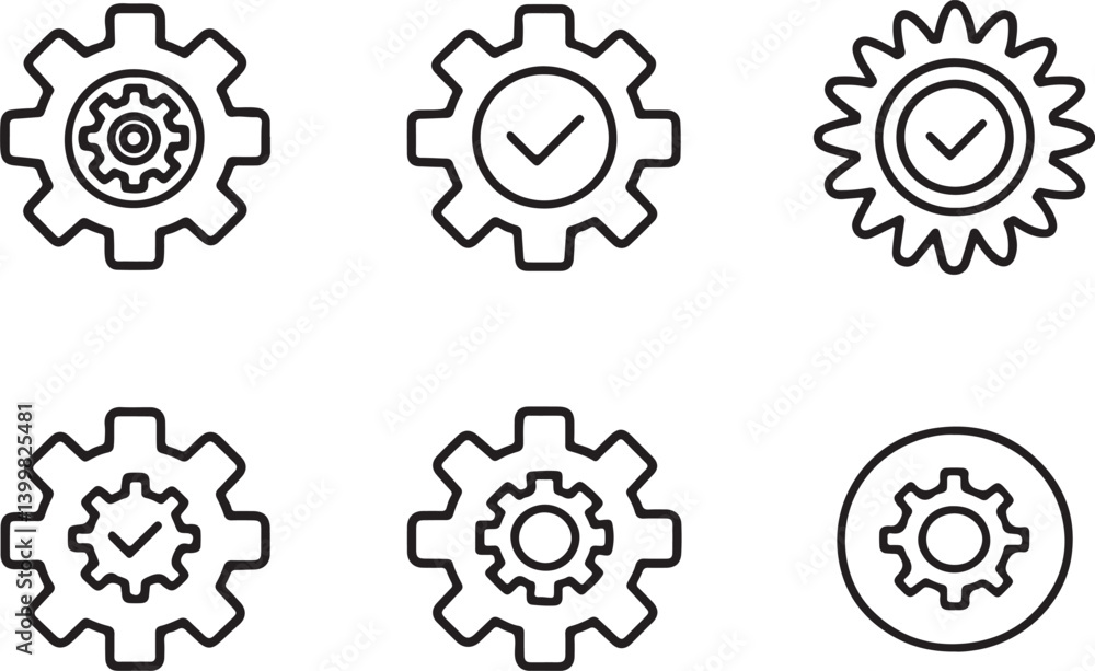Poster set of 6 outline icons related to gears. linear icon collection. editable stroke line art. vector il