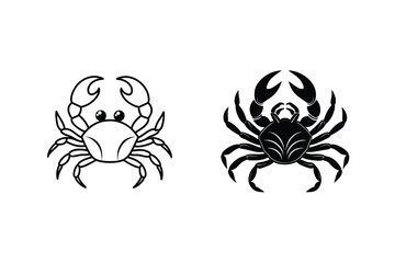 Two Crab Illustrations Cute Outline And Silhouette Style On Isolated White Background