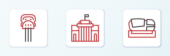 Set line Stadium Mestalla, Peineta and Prado museum icon. Vector