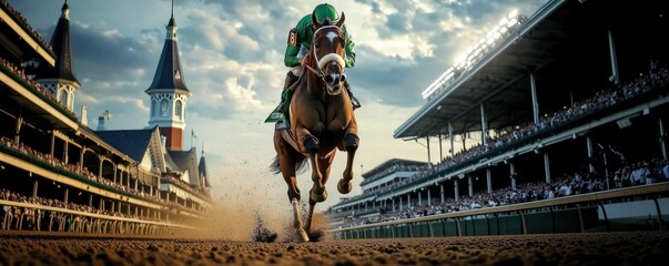 Dramatic image of racehorse and jockey launching forward on dirt track, kicking up dust in powerful motion. Packed grandstands of Churchill Downs in the background